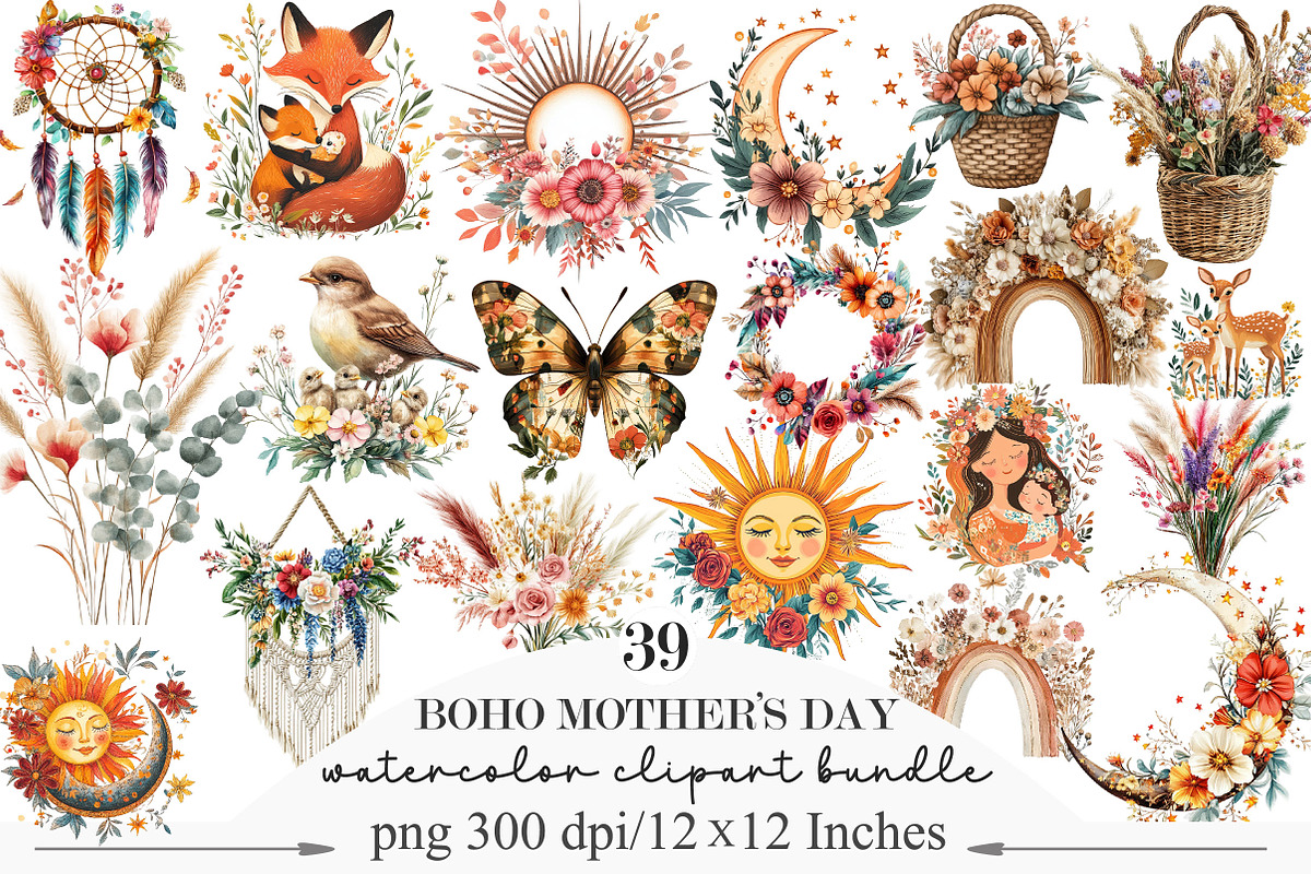 Boho Mother’s Day Clipart PNG Bundle, an Illustration by Designking (Photo 1 of 5)
