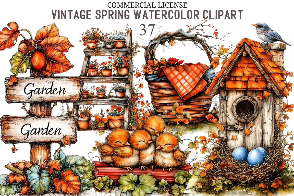 Vintage Spring Watercolor Clipart, an Illustration by designcity5 (Photo 1 of 5)