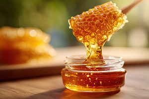 Close-up of honey dripping from a wooden dipper into a jar in a warm kitchen se, a Food & Drink Photo by AlyaAnd