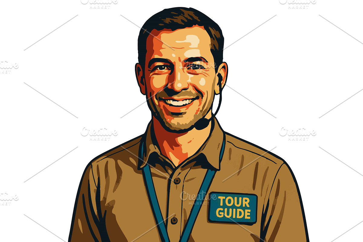 Smiling Tour Guide Wearing Headset, a Person Illustration by AlexArt