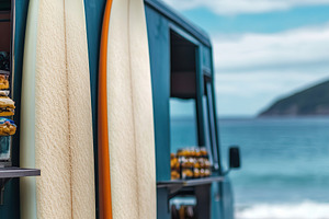 Truck parked near the beach with surfboards ready for a day of fun in the sun, an Arts & Entertainment Photo by AlyaAnd