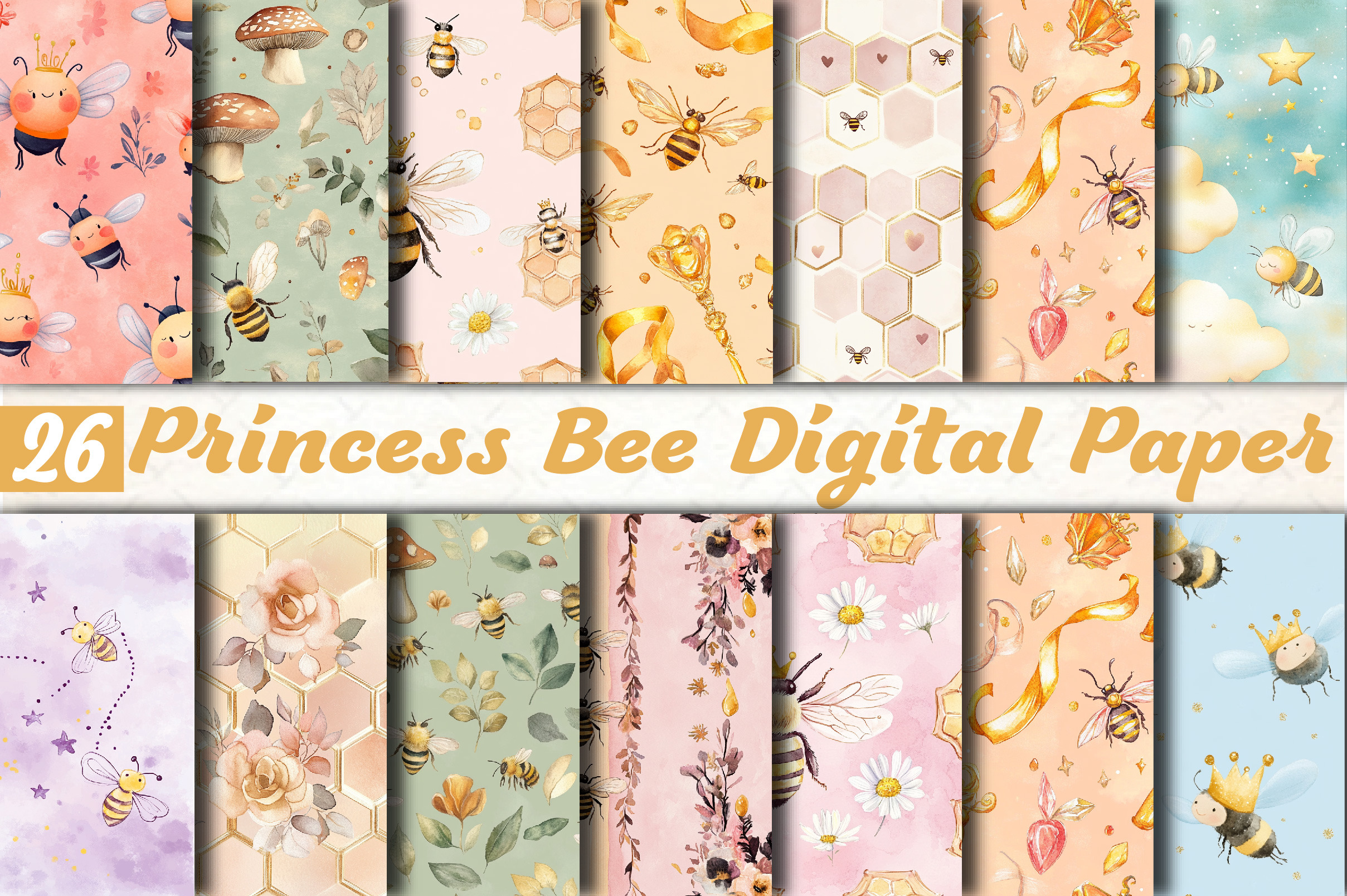 Princess Bee Digital Paper, a Pattern Graphic by DreamCafeArt