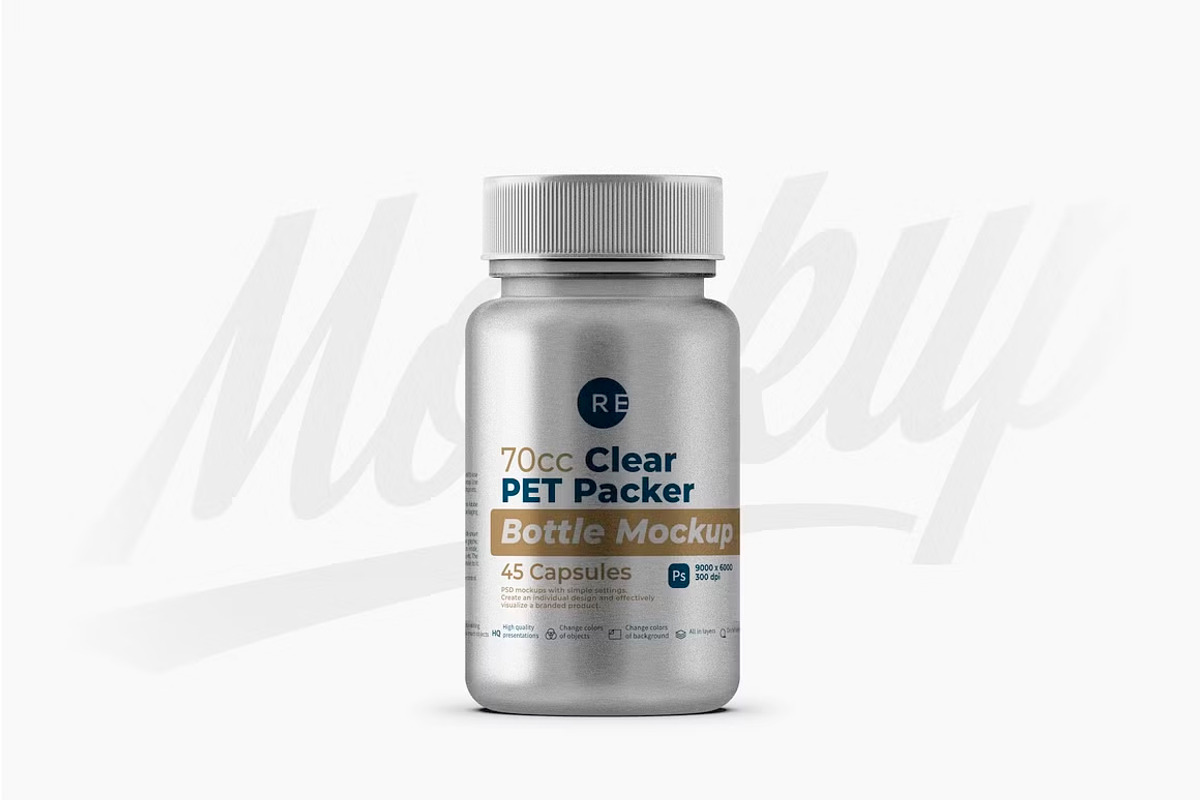 Metallic Plastic Pills Bottle Mockup, a Packaging Mockup by Reformer Mockup (Photo 1 of 6)