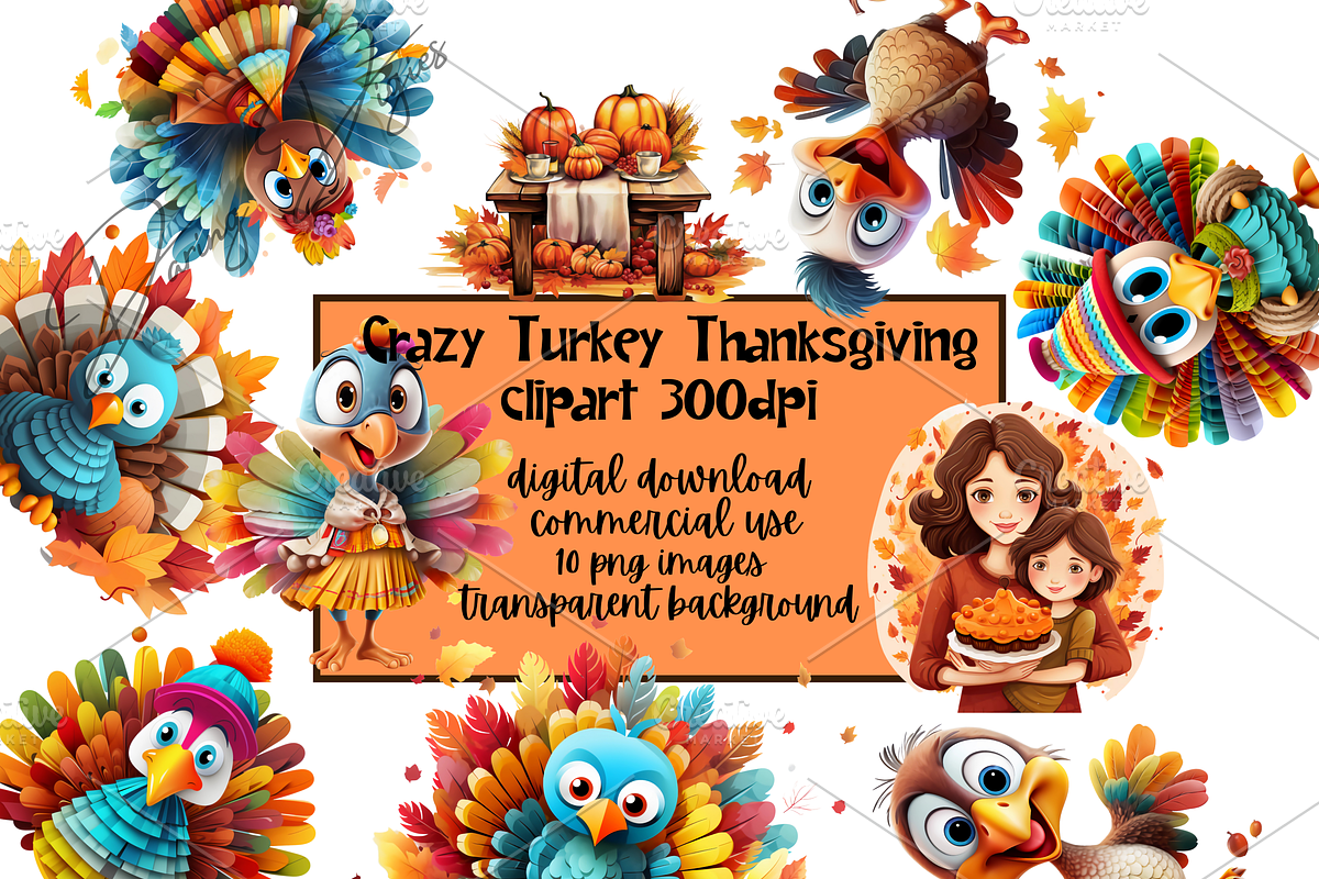 CRAZY TURKEY THANKSGIVING CLIPART, an Animal Illustration by Daring Digies (Photo 1 of 8)