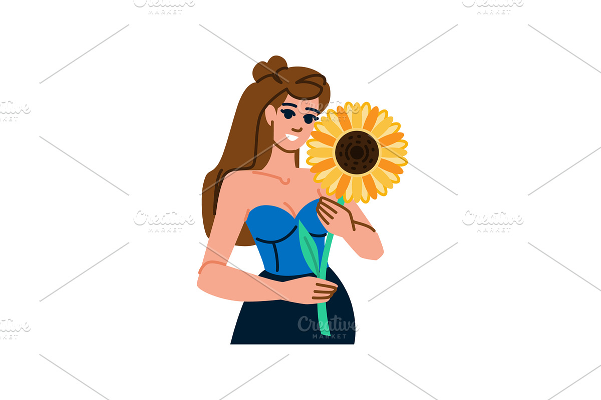 Smiling woman holding a sunflower, a, an Object Illustration by pikepicture