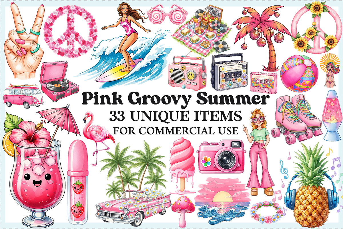 Pink Groovy Summer Clipart, an Illustration by Craft Nest (Photo 1 of 6)