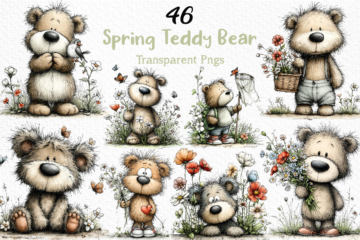 Whimsical Spring Teddy Bear Clipart, an Illustration by Craft Nest (Photo 1 of 12)