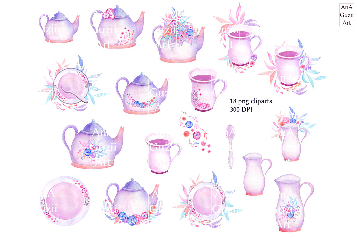 Watercolor Tea Party Clip Art, an Illustration by AnaGuziiArt (Photo 3 of 7)