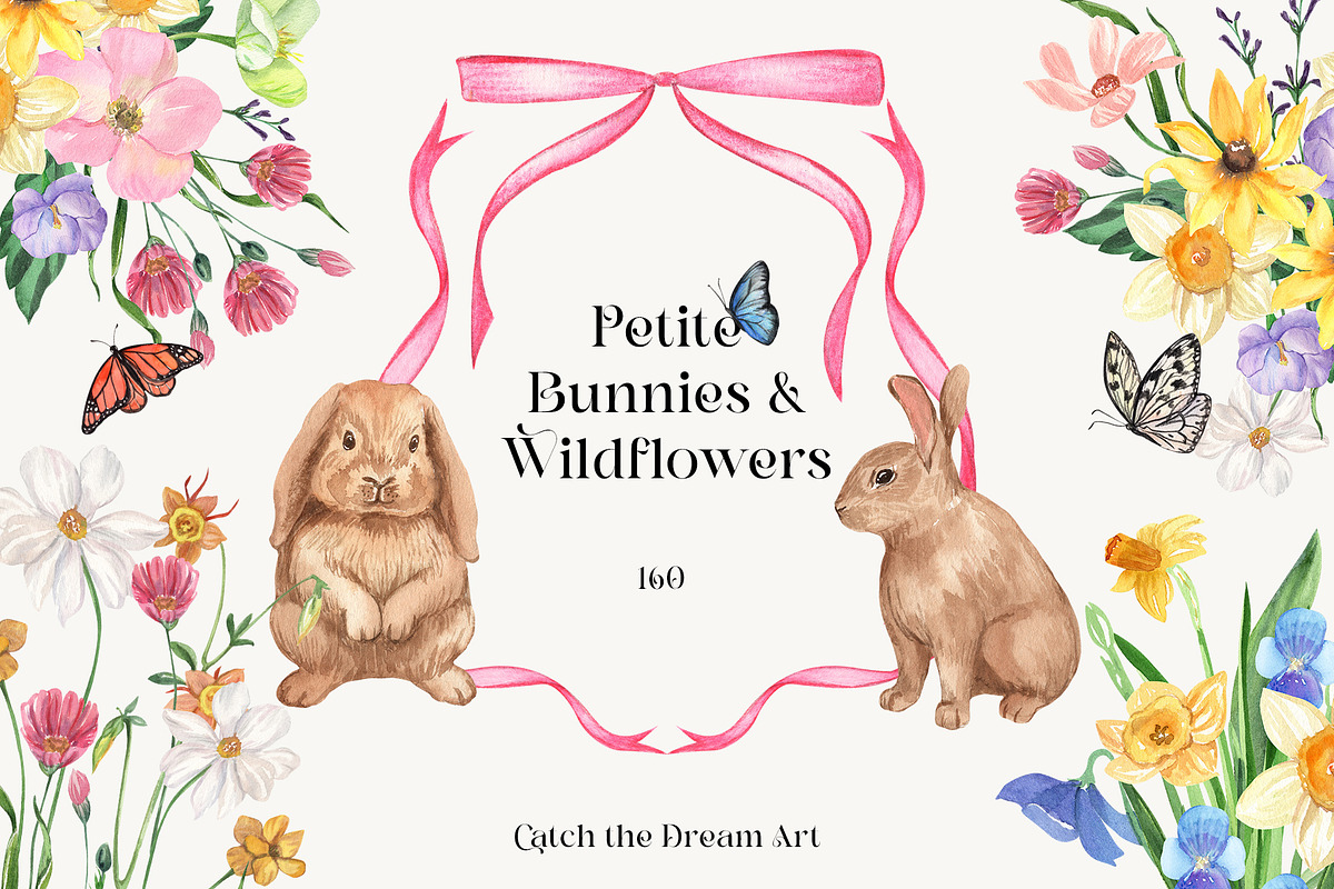 Petite Bunnies & Spring Wildflowers, a Seasonal Illustration by Catch the Dream Art (Photo 1 of 14)