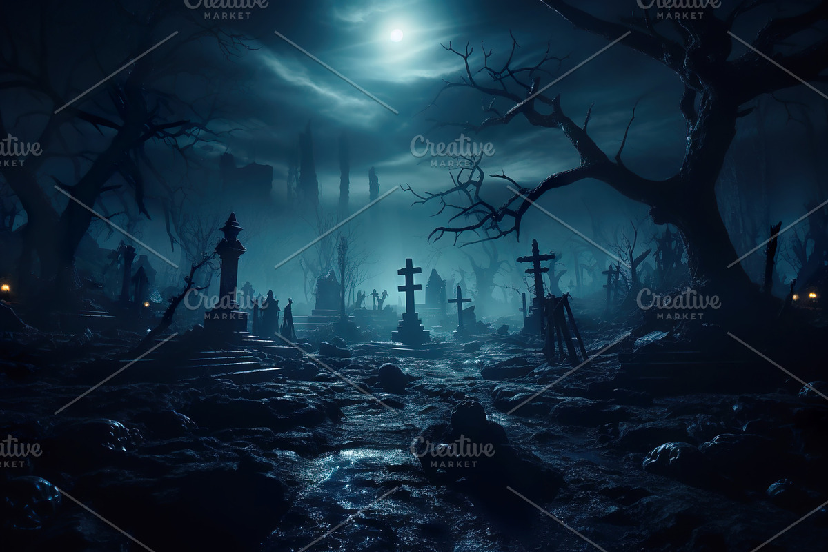 Graveyard on Halloween, scary cemete, an Illustration by Lopatin Photo