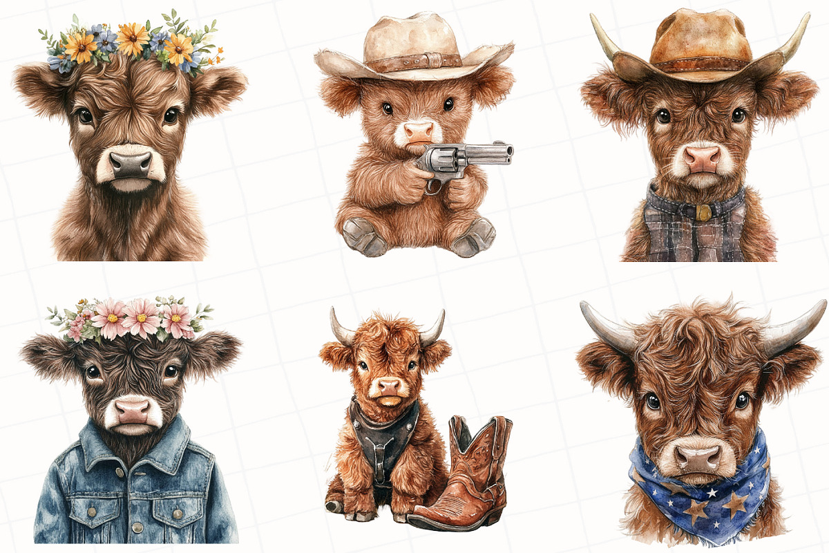 Cute Western Highland Cows Clipart, an Illustration by OK Design (Photo 5 of 5)