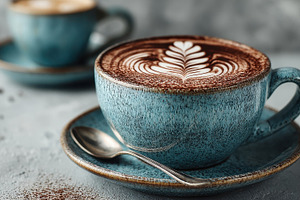 Delicious Latte Art in Teal Mug Coff, a Photo by Pixeness Studio