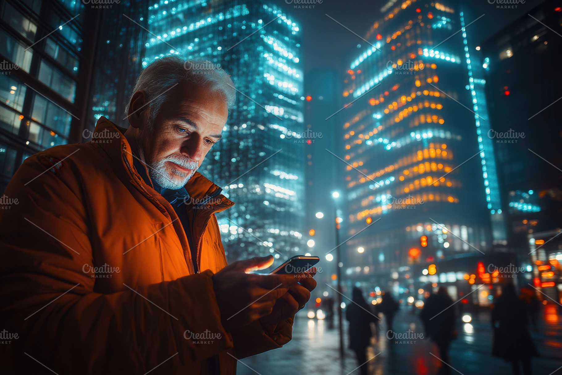 Man in orange jacket checks smartpho, a Photo by Tanuart
