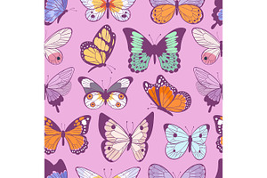 Colorful Different Summer Butterfly Wings Seamless Pattern Vector Illustration Background.