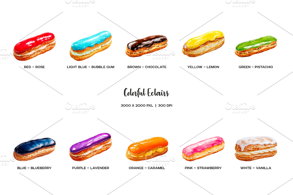 Watercolor 11 colorful eclairs clipart