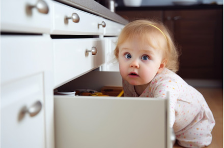 Child exploring kitchen drawer, a Person Photo by Ylivdesign