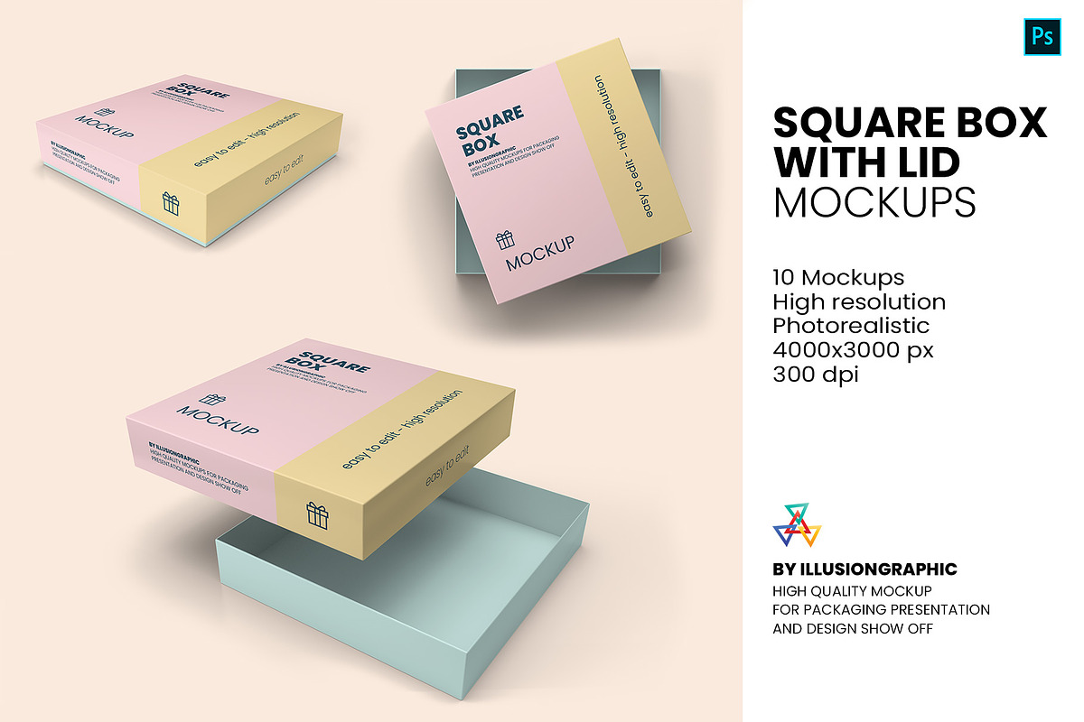 Square Box with Lid Mockups 10 Views, a Packaging Mockup by Illusiongraphic (Photo 1 of 21)