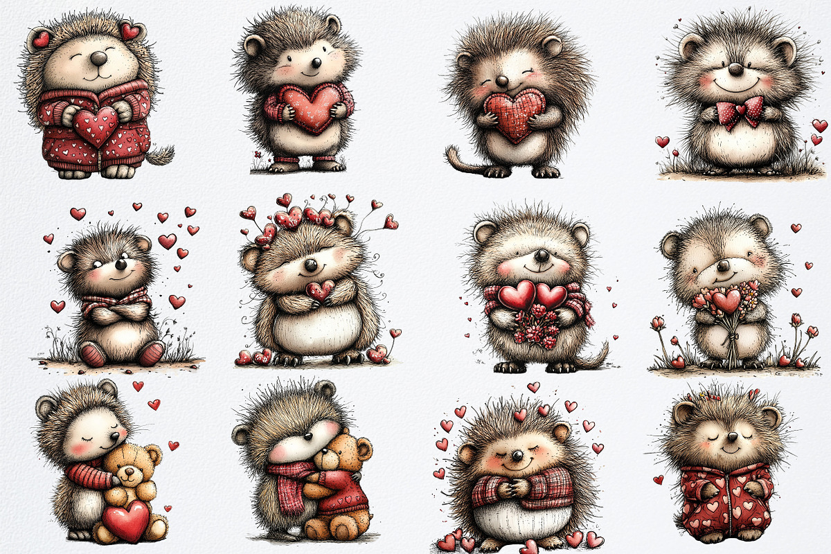 Quirky Valentine Day Hedgehog png, an Illustration by Watercolor design (Photo 3 of 6)