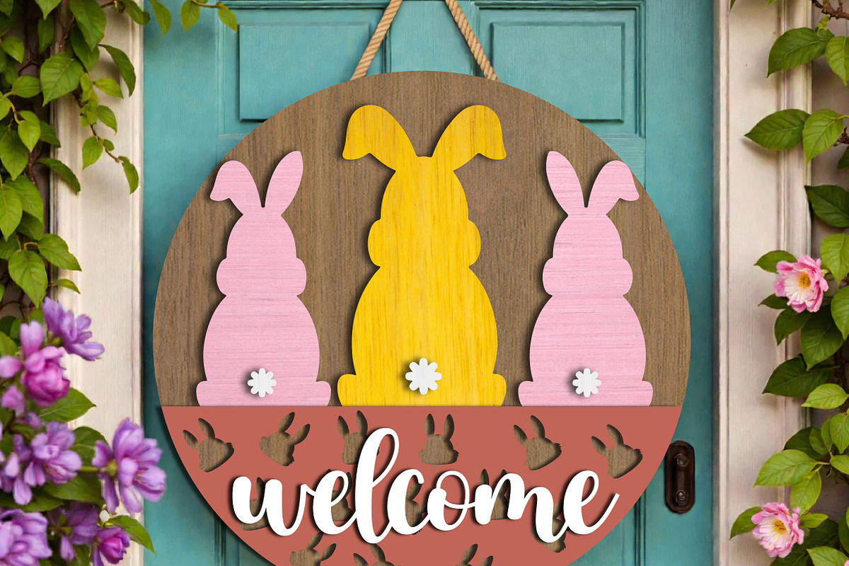 Welcome Easter Bunny Door Hanger SVG, a Graphic by OK Design (Photo 2 of 3)