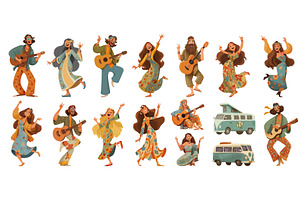 Hippie cartoon set. Happy people in, an Object Illustration by Stock-Smart-Start