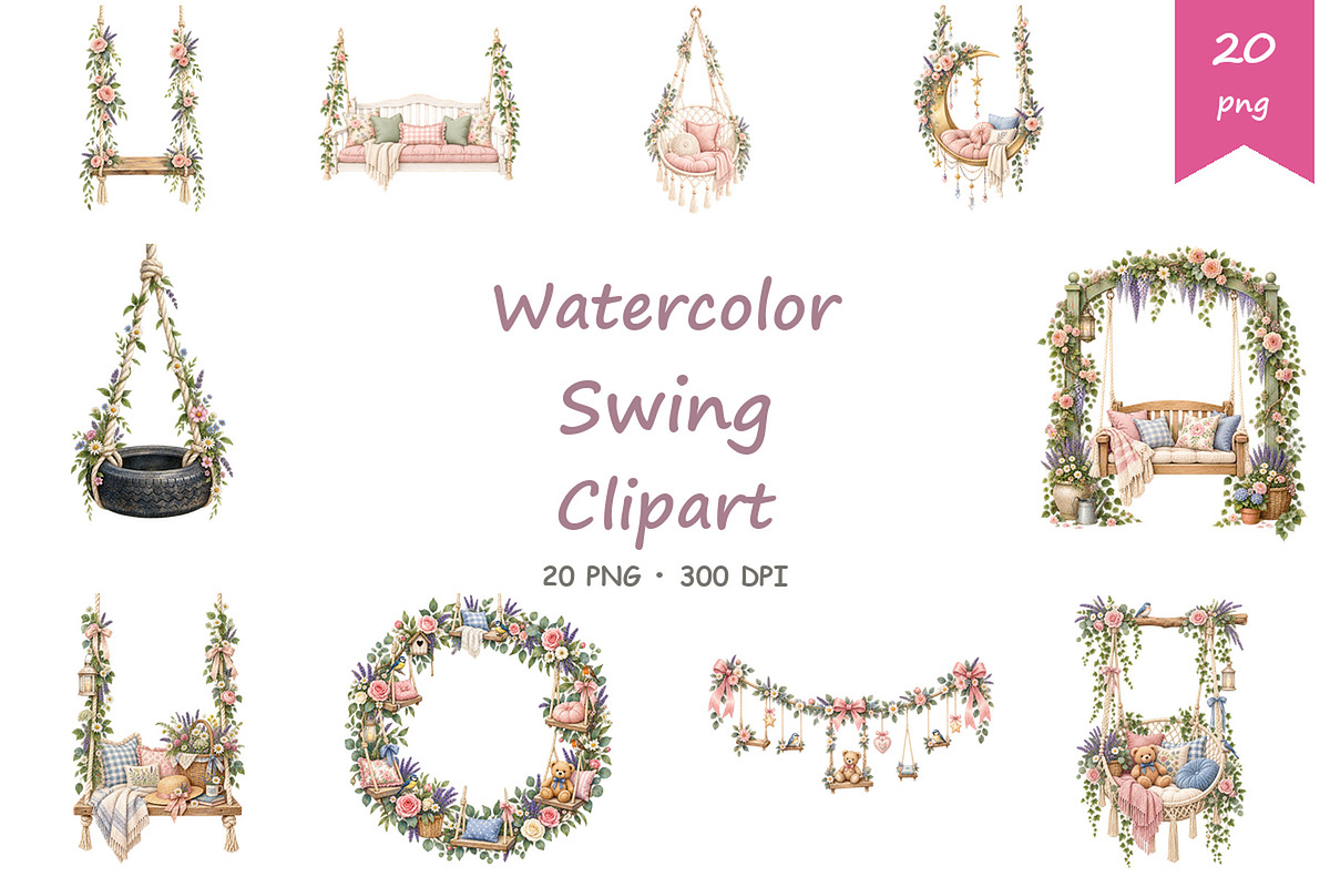 Watercolor Swing Clipart, a Decorative Illustration by BerryPieArt (Photo 1 of 4)