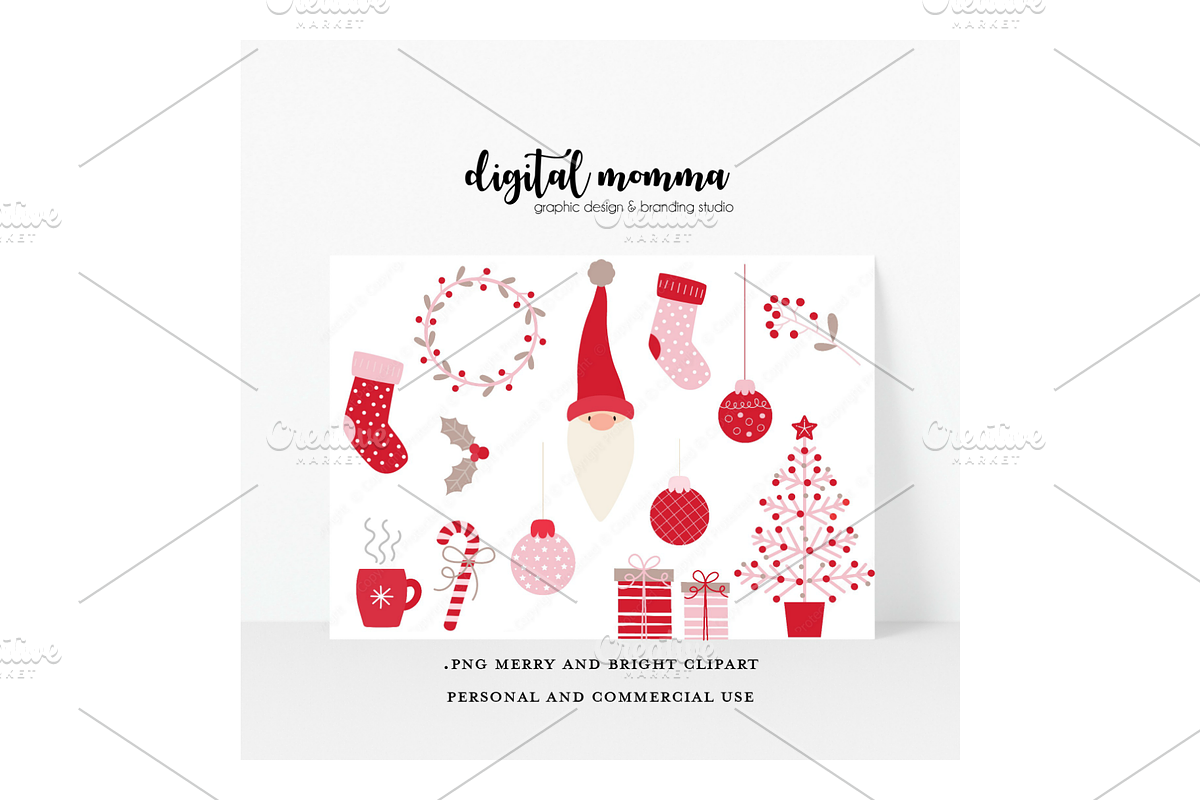 Merry & Bright Gnome Clipart, PNG, an Illustration by Digital Momma