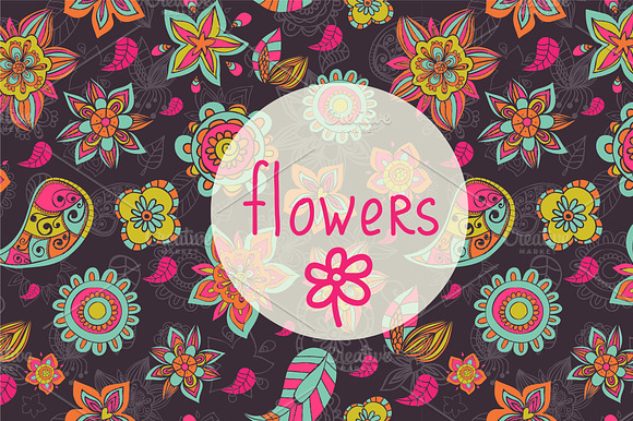 Vector doodle flowers patterns. preview 6