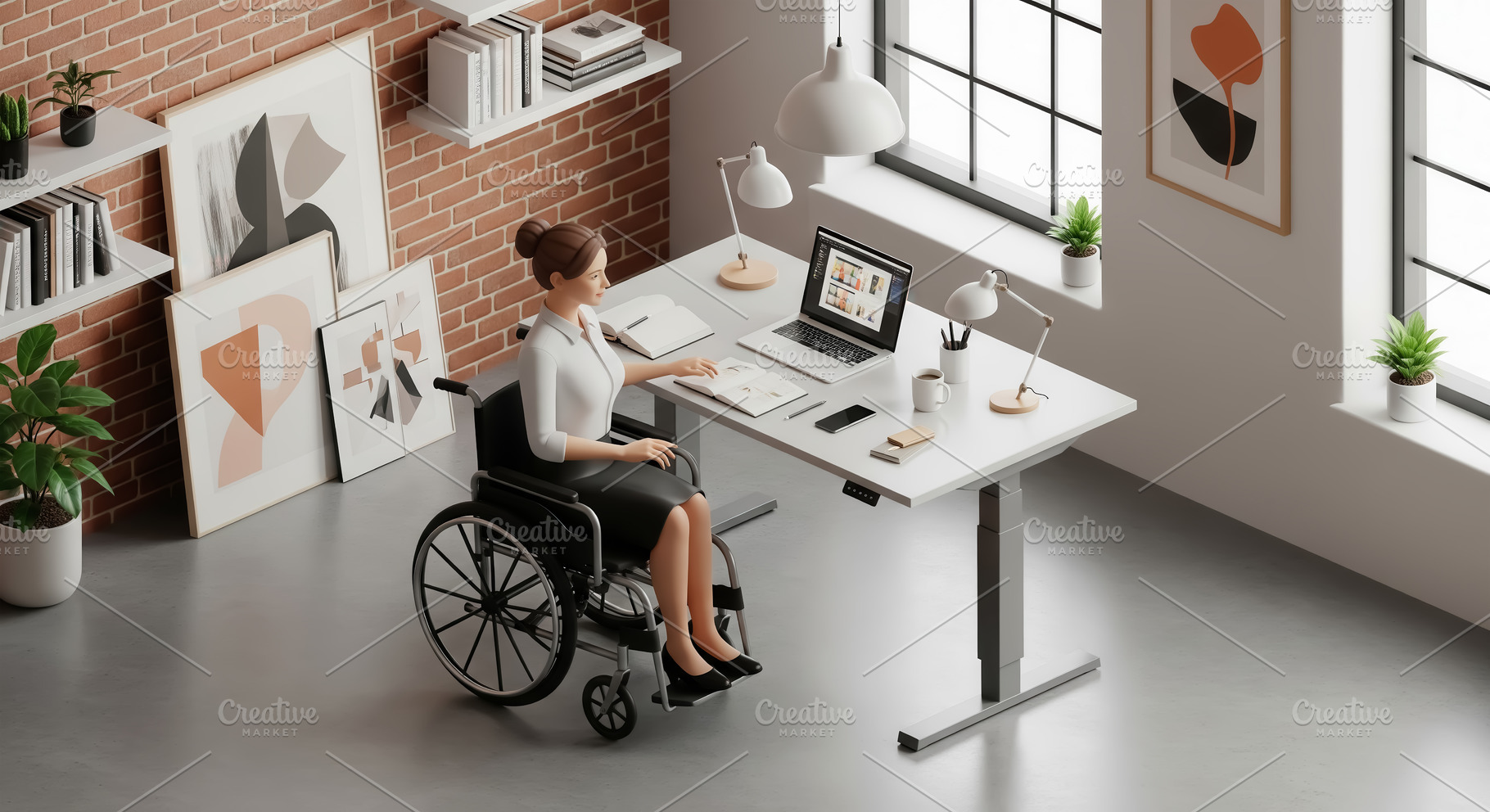 Professional woman in wheelchair wor, a Business Photo by angellodeco