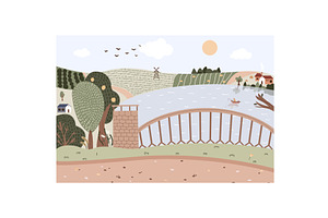 Cartoon bridge vector on rural scene, an Illustration by vectorpointstudio