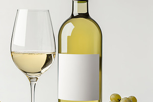 Elegant white wine bottle with blank label beside fresh green gr, a Food & Drink Photo by AlyaAnd