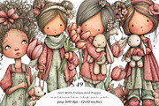 Whimsical Girl With Tulips And Puppy, an Illustration by SinaCreation (Thumbnail 1 of 11)