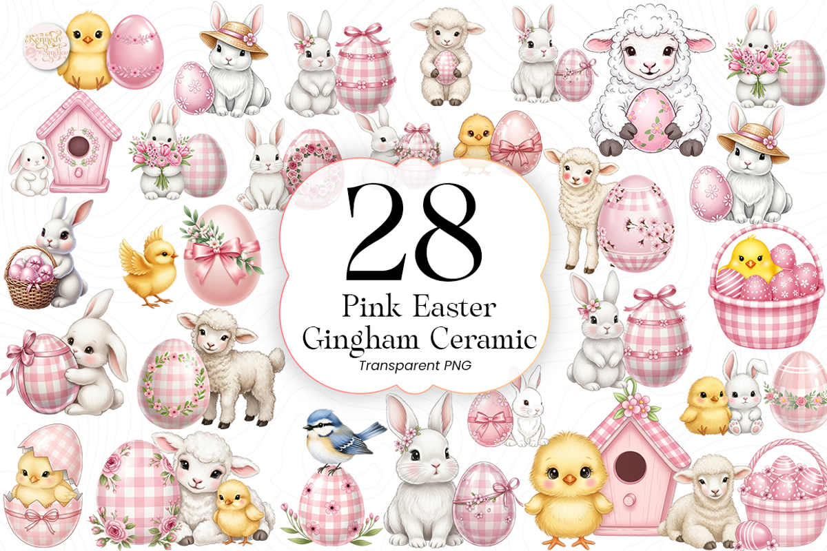 Pink Easter Gingham Ceramic Clipart, an Object Illustration by KennedyStudio (Photo 1 of 5)