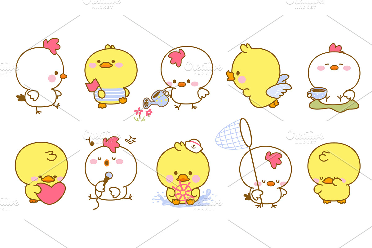 Kawaii chicken and ducklings. Funny, an Animal Illustration by Valerie Bodnar
