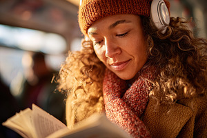 Young woman reading a book while listening to music in a public transport setti, a Photo by AlyaAnd