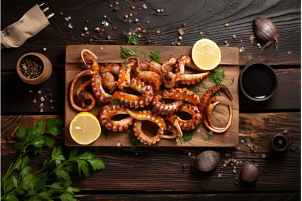 Delicious grilled squids food board, a Food & Drink Photo by Ylivdesign