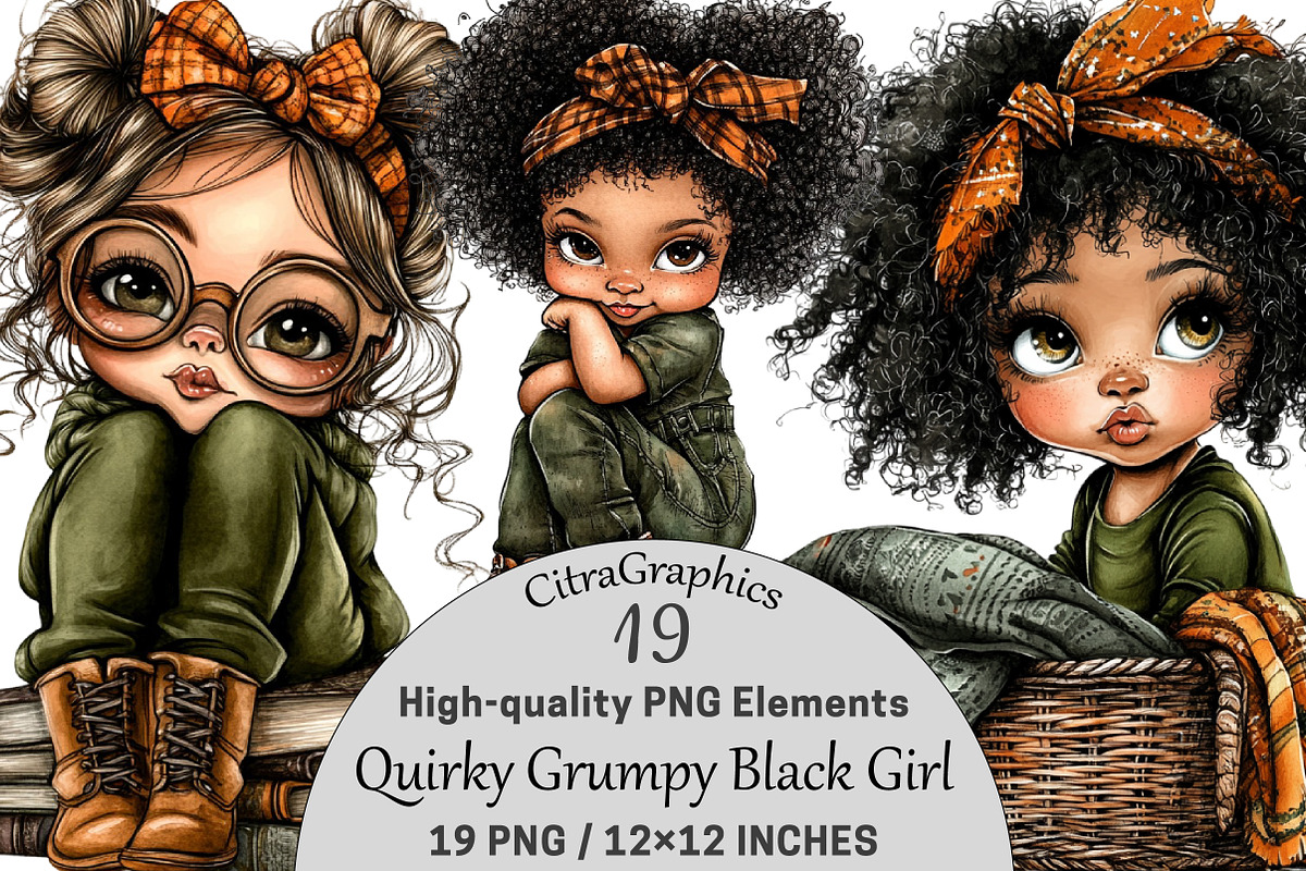 Quirky Grumpy Black Girl Clipart PNG, a Seasonal Illustration by CitraGraphics (Photo 1 of 4)