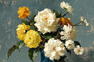 Still life painting with flowers, olive oil bottle, colorful fruits, and heavy, an Illustration by Studio ANNA