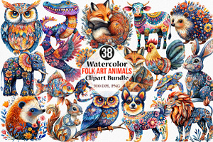 Watercolor Folk Art Animals Clipart, an Illustration by Canvas Craft
