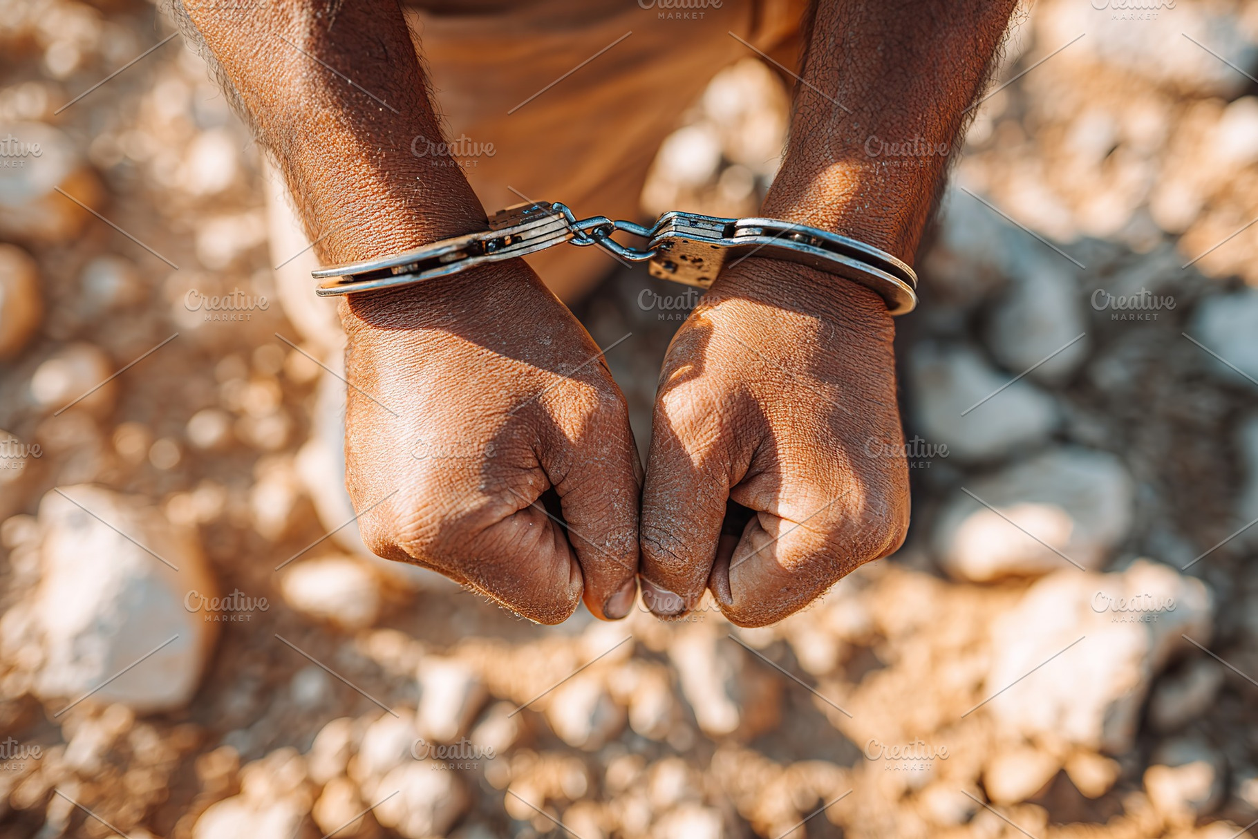 Man with handcuffs standing on rocky ground during daytime from above perspecti, a Photo by AlyaAnd