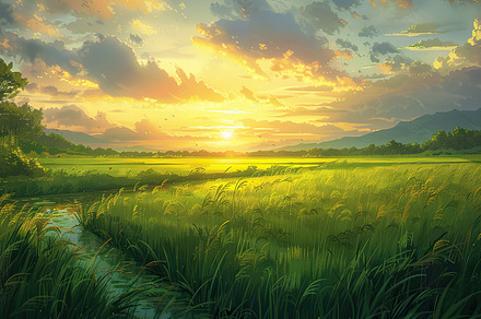 A vibrant painting of a sunset with, a Photo by LOGOCREATIVE