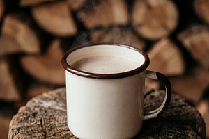 Rustic Enamel Mug with Hot Steaming, a Food & Drink Photo by Virgo Studio