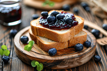 Toast breads with sweet blueberry jam on wooden table, a Food & Drink Photo by AlyaAnd
