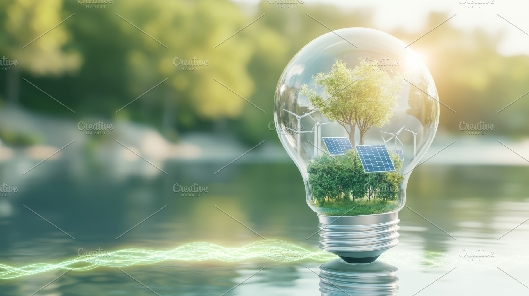 Eco concept for earth day with lightbulb, wind turbines and sola, a Photo by Dvoevnore photos