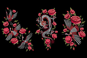 Embroidery. Dragon, Cranes, Roses