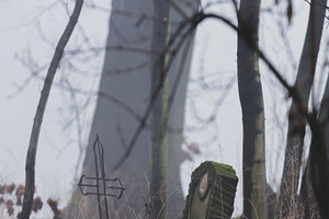 old abandoned cemetery during fog in autumn