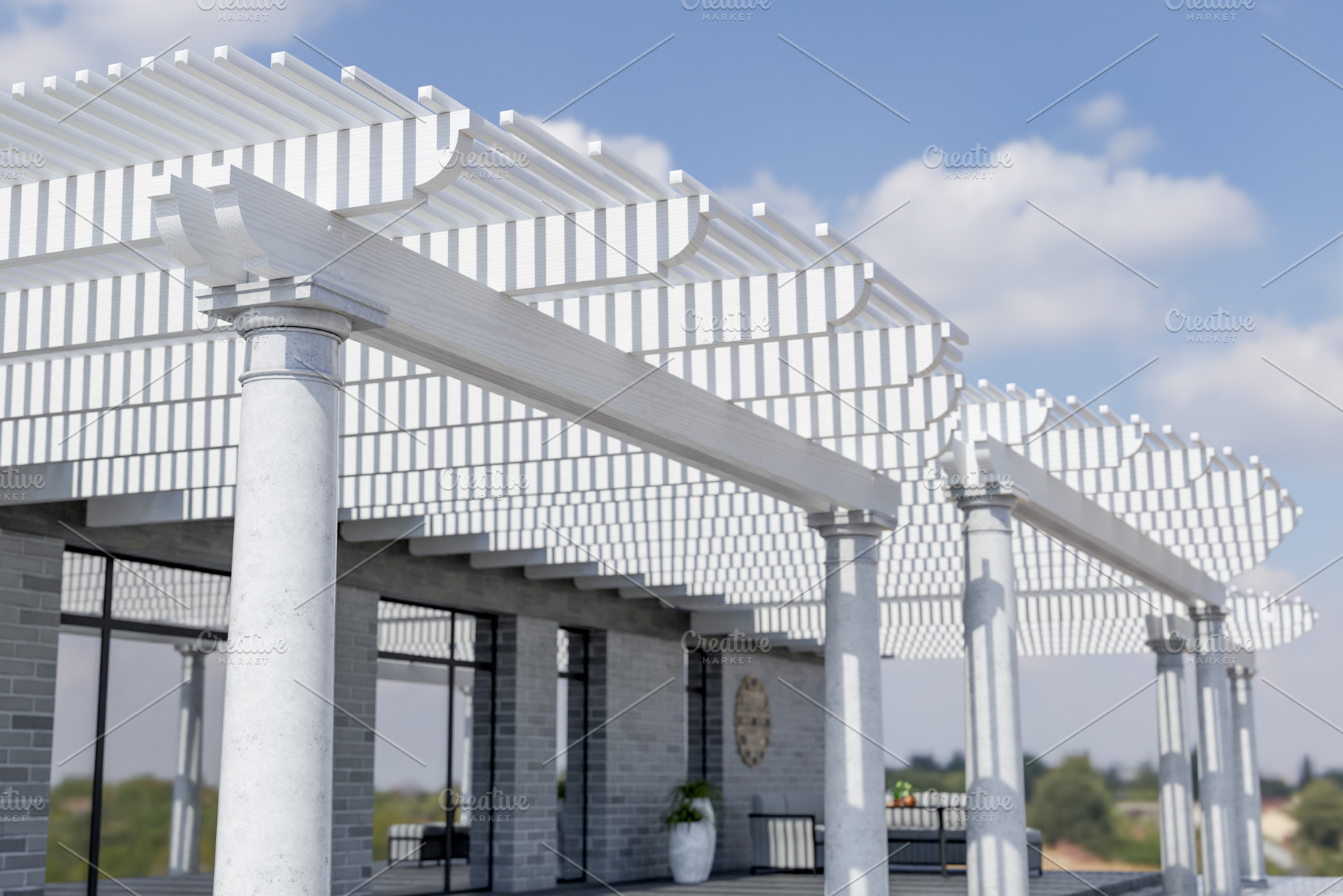 Detail of A Beautiful Marble and Wood Pergola Patio Cover., a Photo by Andy Dean Photography
