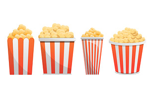 Popcorn Icon Set, Cartoon Style