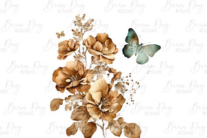 Golden Flowers And Butterfly Clipart