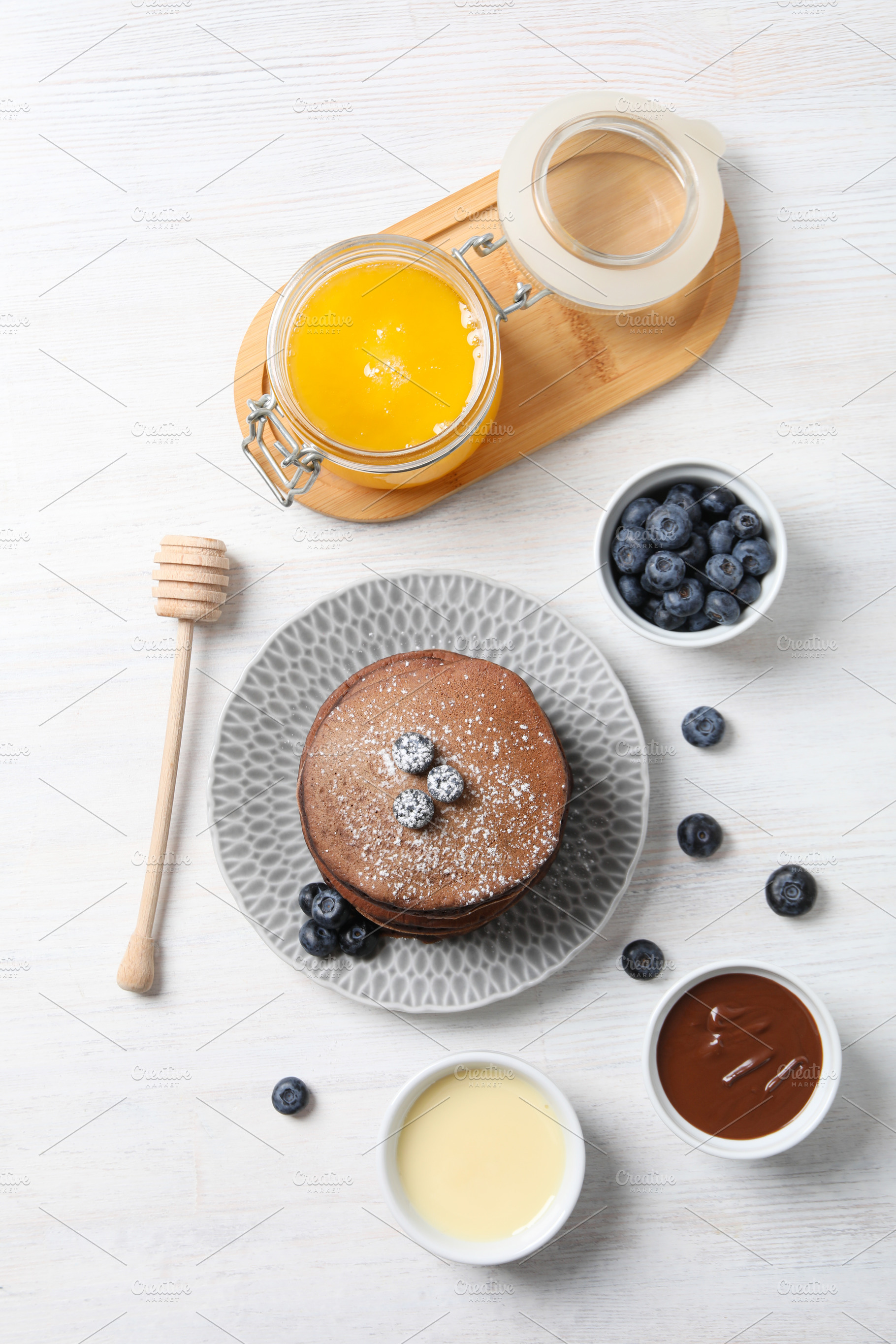 Concept of sweet food, chocolate pancakes, top view, a Food & Drink Photo by AtlasStudio PRO