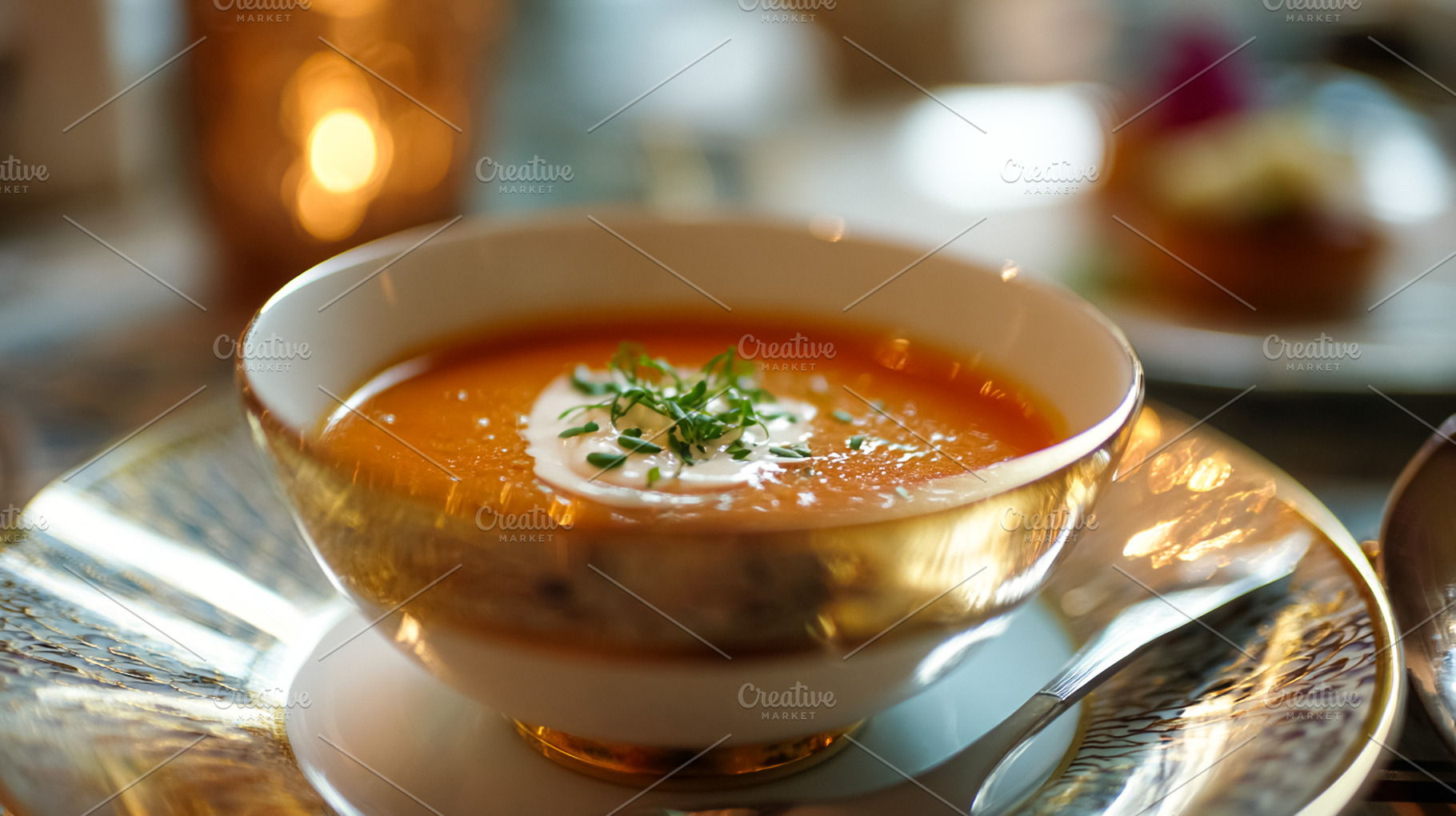 Gourmet tomato soup with cream and chives, served in an elegant, a Food & Drink Photo by Studio ANNA